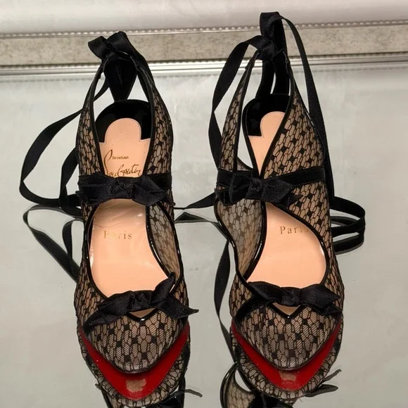 Christian Louboutin Black Lace Peep-Toe Ribbon Tie Pumps with Red Sole - Picture 6 of 9